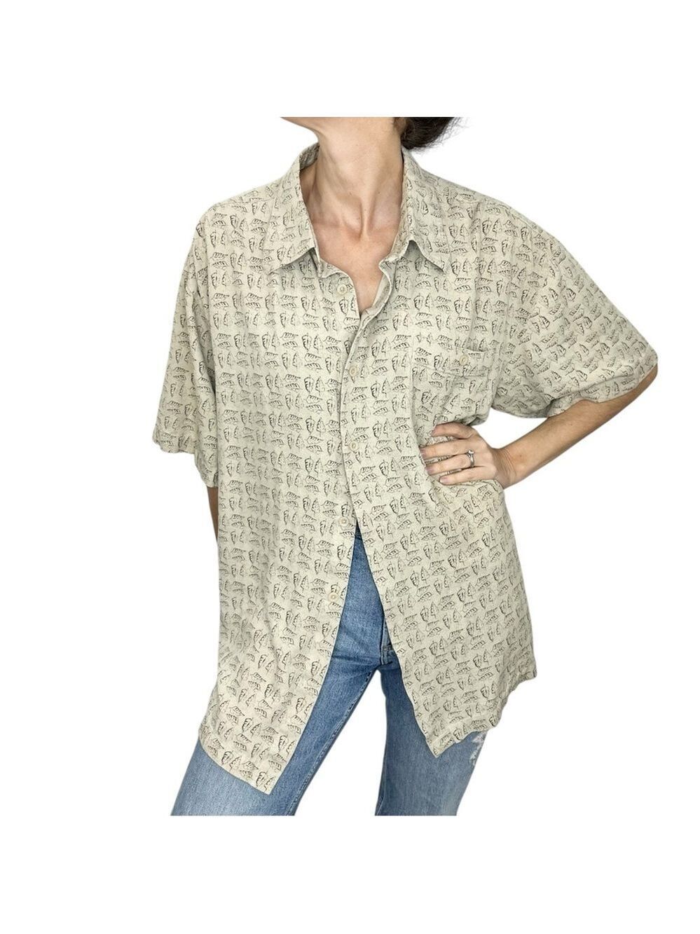 Beige 100% silk short sleeve boxy leaf print shirt XL